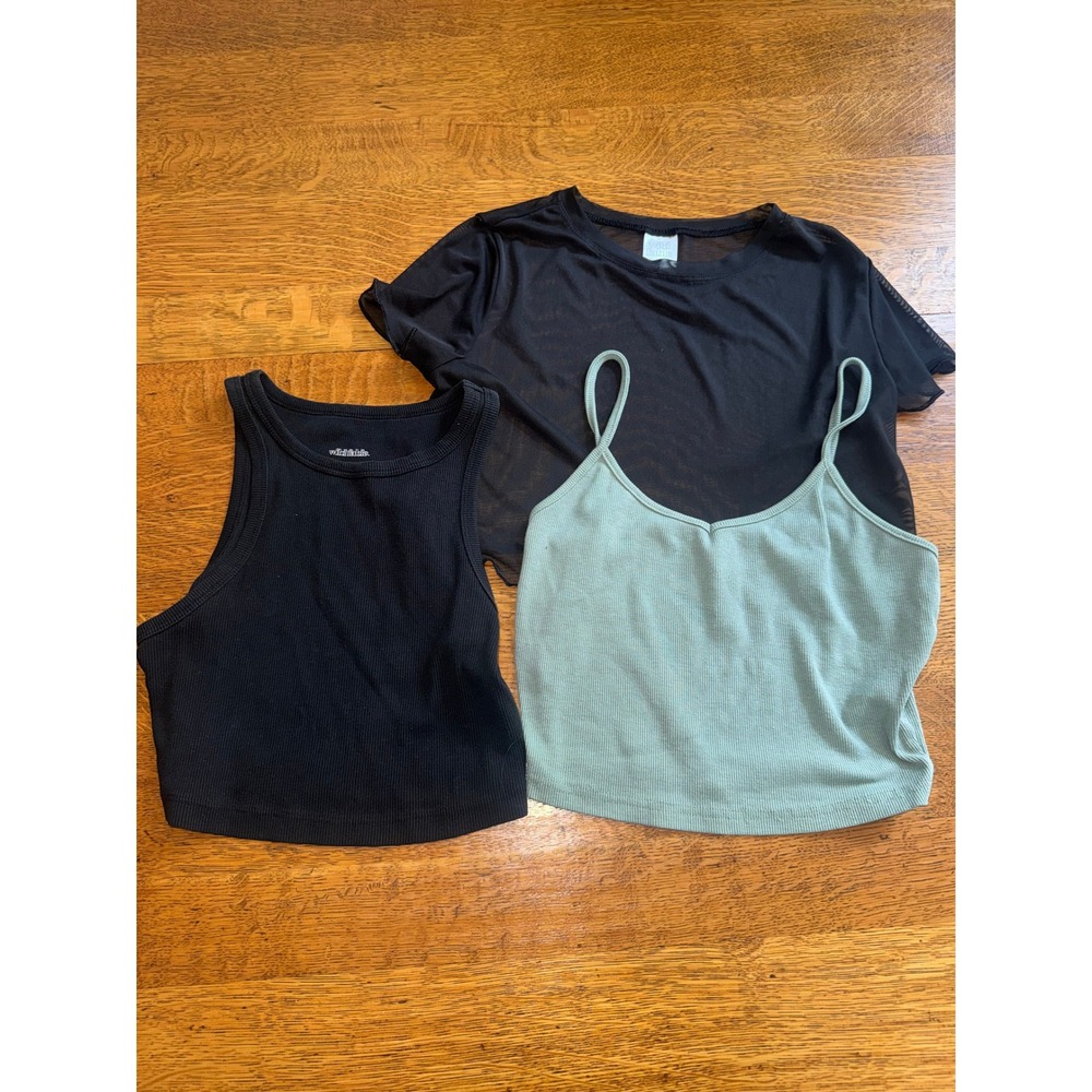 Wild Fable Womens Cropped Tops Bundle Black Mesh Ribbed Tank Sage Green Cami
